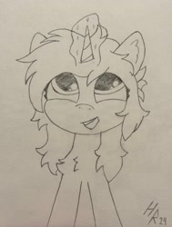 Size: 2793x3700 | Tagged: safe, artist:hardrock, imported from derpibooru, oc, oc only, oc:kate, pony, unicorn, horn, looking up, magic, open mouth, solo, traditional art