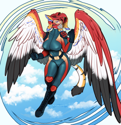 Size: 3482x3600 | Tagged: safe, artist:blackblood-queen, imported from derpibooru, oc, oc only, oc:nalani kameāloha, anthro, digitigrade anthro, griffon, anthro oc, boots, breasts, clothes, commission, digital art, female, flying, gloves, griffon oc, racer, racing suit, shoes, slit pupils, smiling, solo, visor