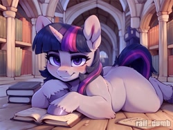 Size: 1024x768 | Tagged: safe, imported from derpibooru, twilight sparkle, pony, unicorn, ai content, ai generated, blushing, book, bookshelf, castle, eyebrows, eyelashes, eyeliner, female, fluffy, hooves, horn, indoors, library, looking at you, lying down, makeup, multicolored hair, multicolored tail, prompter:raif, purple eyes, smiling, smiling at you, solo, tail, watermark