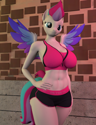 Size: 1660x2160 | Tagged: safe, artist:olkategrin, imported from derpibooru, zipp storm, anthro, pegasus, 3d, abs, athletic, belly, big breasts, breasts, busty zipp storm, clothes, colored wings, commission, female, fit, g5, hand on hip, looking at you, multicolored hair, multicolored wings, outdoors, shorts, slender, smiling, smiling at you, solo, sports, sports bra, sports outfit, sports shorts, spread wings, standing, thighs, thin, thunder thighs, wide hips, wings