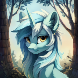 Size: 1536x1536 | Tagged: safe, imported from derpibooru, lyra heartstrings, pony, unicorn, ai content, ai generated, bust, ear fluff, female, generator:stable diffusion, horn, looking at you, mare, nature, outdoors, portrait, prompter:seashell, smiling, smiling at you, solo, tail, tree, two toned mane