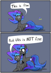 Size: 1240x1754 | Tagged: safe, artist:la hum, imported from derpibooru, oc, oc only, pony, unicorn, 2 panel comic, biting, comic, duo, ear bite, horn, lying down, nervous sweat, oc name needed, open mouth, open smile, prone, self paradox, self ponidox, smiling, speech bubble, this is fine, this is not fine