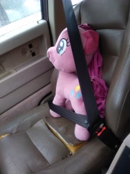 Size: 3120x4160 | Tagged: safe, imported from derpibooru, photographer:silk-rose, pinkie pie, pony, car interior, cover, cover art, cute, irl, photo, photography, plushie, pony plushie, safety, seat, seatbelt