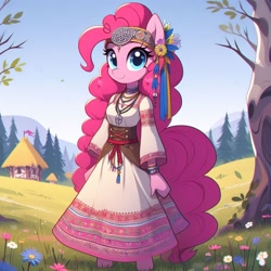 Size: 1024x1024 | Tagged: safe, imported from derpibooru, pinkie pie, anthro, earth pony, unguligrade anthro, ai content, ai generated, clothes, cyrillic, dress, flower, flower in hair, headband, jewelry, necklace, russian, slavic, solo