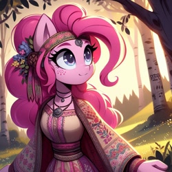 Size: 1024x1024 | Tagged: safe, imported from derpibooru, pinkie pie, anthro, earth pony, ai content, ai generated, clothes, cyrillic, dress, flower, flower in hair, headband, jewelry, necklace, russian, slavic, solo