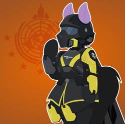 Size: 2086x2080 | Tagged: safe, artist:isaac_pony, imported from derpibooru, oc, oc only, earth pony, pony, semi-anthro, armor, crossover, game, helldivers, helldivers 2, helmet, orange background, simple background, skull, tail