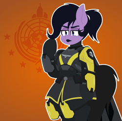 Size: 2086x2080 | Tagged: safe, alternate version, artist:isaac_pony, imported from derpibooru, oc, oc only, earth pony, pony, semi-anthro, armor, black lipstick, crossover, female, game, helldivers, helldivers 2, lipstick, mare, orange background, simple background, skull, solo, tail