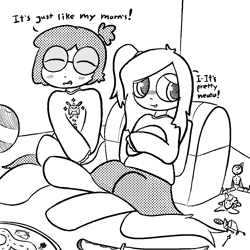 Size: 1020x1020 | Tagged: safe, artist:castafae, imported from derpibooru, oc, oc only, oc:ceiling fan, oc:ichi, satyr, ball, blushing, braces, clothes, dialogue, doll, dork, eyes closed, female, glasses, grayscale, looking away, male, monochrome, parent:oc:floor bored, shy, side ponytail, sitting, skirt, sweater, toy