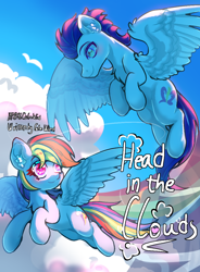 Size: 840x1140 | Tagged: safe, artist:celedash, imported from derpibooru, rainbow dash, soarin', pegasus, fanfic:head in the clouds, fanfic:piercing the heavens, blushing, cloud, duo, fanfic art, female, flying, looking at each other, looking at someone, male, mare, raised hoof, romance, shipping, soarindash, stallion, straight, text