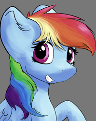 Size: 1640x2061 | Tagged: safe, artist:shaliwolf, imported from derpibooru, rainbow dash, pegasus, bust, grin, looking at you, portrait, simple background, smiling, solo