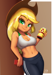 Size: 706x1000 | Tagged: safe, artist:the-park, imported from derpibooru, applejack, human, equestria girls, belly button, breasts, brown background, busty applejack, cellphone, cleavage, clothes, cowboy hat, hat, leaning, leggings, looking at you, midriff, mug, phone, simple background, solo, tanktop, tumblr, workout outfit