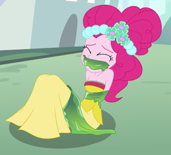 Size: 2200x2000 | Tagged: safe, artist:nie-martw-sie-o-mnie, imported from derpibooru, pinkie pie, human, a canterlot wedding, equestria girls, bondage, bound and gagged, bridesmaid dress, bridesmaid pinkie, changeling slime, clothes, dress, eyes closed, gag, gown, slime, slime gag