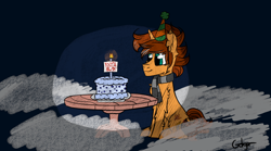 Size: 3276x1816 | Tagged: safe, artist:gotyx96, imported from derpibooru, oc, oc only, oc:autumn falls, pony, unicorn, birthday, birthday cake, cake, candle, food, hat, horn, male, party hat, solo, stallion, text