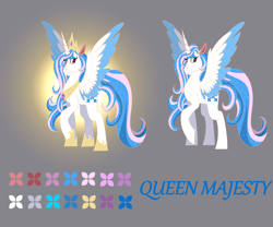 Size: 4200x3500 | Tagged: safe, imported from derpibooru, majesty, alicorn, fallout equestria, alicornified, color palette, colored wings, colored wingtips, crown, female, g1, gray background, hoof shoes, horn, jewelry, mare, peytral, princess shoes, queen, queen majesty, race swap, raised hoof, reference sheet, regalia, seeds of the past, simple background, solo, sparkly mane, sparkly tail, spread wings, tail, wings