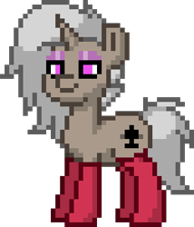 Size: 336x392 | Tagged: safe, imported from derpibooru, oc, oc only, oc:friday (exodust), pony, unicorn, pony town, clothes, eyeshadow, grey hair, horn, lidded eyes, makeup, male, simple background, smiling, socks, solo, stallion, transparent background, unicorn oc