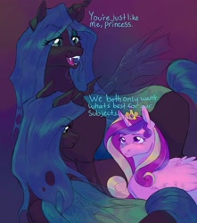 Size: 1500x1700 | Tagged: safe, artist:abbytabbys, imported from derpibooru, princess cadance, queen chrysalis, alicorn, changeling, changeling queen, pony, black coat, blue sclera, blue text, cadalis, carapace, colored sclera, crown, dialogue, duality, duo, duo female, eye clipping through hair, eyebrows, eyebrows visible through hair, fangs, female, folded wings, frown, gradient background, green eyes, horn, infidelity, insect wings, jewelry, lesbian, lidded eyes, mare, multicolored mane, narrowed eyes, open mouth, open smile, pink coat, purple eyes, regalia, sharp teeth, shiny mane, shiny tail, shipping, smiling, straight mane, talking, teal mane, teal tail, teeth, tiara, unicorn horn, wavy mane, wing fluff, wingding eyes, wings