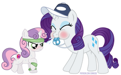 Size: 827x516 | Tagged: safe, artist:jennieoo, imported from derpibooru, rarity, sweetie belle, pony, unicorn, sisterhooves social, blowing whistle, blushing, coach rarity, coaching cap, commission, cute, diasweetes, duo, duo female, exercise, female, horn, puffy cheeks, rarara, raribetes, rarity's whistle, red face, scrunchy face, show accurate, siblings, simple background, sisters, spitting, sports, sweatband, that pony sure does love whistles, tomboy rarity, training, transparent background, vector, whistle, whistle necklace