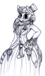 Size: 884x1500 | Tagged: safe, artist:sepiakeys, imported from derpibooru, anthro, clothes, dress, hat, monochrome, simple background, solo, steampunk, white background