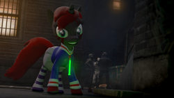 Size: 3840x2160 | Tagged: safe, imported from derpibooru, oc, oc:blushyblack, human, unicorn, 3d, alley, clothes, evil, evil grin, glowstick, gmod, grin, horn, looking at you, photoshop, skirt, smiling, socks, soldiers, striped socks