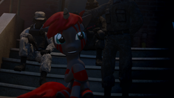 Size: 3840x2160 | Tagged: safe, imported from derpibooru, oc, oc:blushyblack, human, unicorn, 3d, gmod, horn, looking at you, looking up, petting, smiling, soldier, stairs