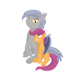 Size: 1024x1024 | Tagged: safe, artist:gatesmccloud, imported from derpibooru, scootaloo, oc, oc:night crescent, bat pony, pegasus, pony, fanfic:cops and robbers, adoptable, adopted daughter, adopted offspring, cute, cutealoo, duo, fanfic in the description, female, filly, foal, grin, hug, lidded eyes, looking at each other, looking at someone, mare, mother and child, mother and daughter, scootadoption, scootalove, smiling, smiling at each other, winghug, wings