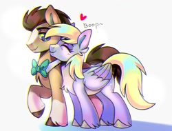 Size: 2334x1774 | Tagged: safe, artist:virygo19, imported from derpibooru, derpy hooves, doctor whooves, time turner, earth pony, pegasus, pony, boop, chromatic aberration, doctorderpy, duo, eyes closed, female, heart, male, mare, nuzzling, shipping, simple background, smiling, stallion, straight, white background