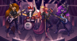 Size: 8465x4548 | Tagged: safe, artist:madelinne, imported from derpibooru, on stage, oc, oc:fritzy, oc:retro pixle, oc:smidrak, oc:yan, band, bass guitar, drum kit, drums, guitar, microphone, musical instrument, singing