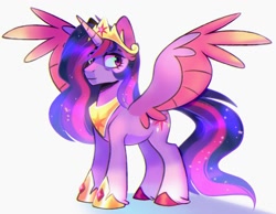 Size: 2450x1900 | Tagged: safe, artist:virygo19, imported from derpibooru, twilight sparkle, alicorn, pony, the last problem, chromatic aberration, colored hooves, colored wings, crown, ethereal mane, ethereal tail, female, hair over one eye, hoof shoes, jewelry, mare, older, older twilight, older twilight sparkle (alicorn), peytral, princess twilight 2.0, regalia, simple background, solo, spread wings, tail, twilight sparkle (alicorn), unshorn fetlocks, white background, wings