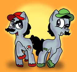 Size: 1472x1377 | Tagged: safe, artist:bloodiebitez, idw, imported from derpibooru, crystal pony, pony, brothers, facial hair, full body, luigi, male, mar10, mar10 day, mario, mario day, moustache, mushroom, one eye closed, pipe, plumber, raised hoof, siblings, simple background, simple shading, super mario bros., twins, wink