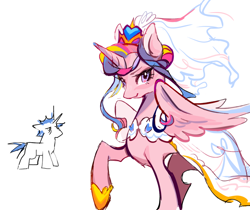 Size: 958x803 | Tagged: safe, artist:utaaydote1, imported from derpibooru, princess cadance, shining armor, alicorn, pony, unicorn, clothes, concave belly, dress, duo, female, height difference, horn, male, mare, meme, messy mane, physique difference, shiningcadance, shipping, simple background, size difference, slender, smiling, stallion, straight, the bride and the ugly ass groom, thin, toy interpretation, wedding dress, white background