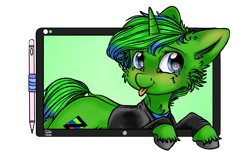 Size: 1920x1176 | Tagged: safe, artist:clarsithell, imported from derpibooru, oc, oc only, oc:zodia autos, pony, unicorn, blue eyes, breaking the fourth wall, clothes, cute, drawing tablet, fluffy, fur, green fur, green mane, green tail, hooves, horn, it's coming right at us, jacket, male, pony ears, shirt, signature, simple background, solo, stallion, tail, transparent background