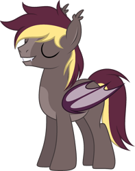 Size: 1562x1980 | Tagged: safe, artist:sirrainium, imported from derpibooru, oc, oc only, oc:arden heatwave, bat pony, pony, base used, bat wings, body markings, ear tufts, eyes closed, fangs, male, show accurate, smiling, smirk, smug, solo, stallion, vector, wings