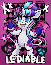 Size: 4700x6000 | Tagged: safe, artist:partypievt, imported from derpibooru, masquerade, oc, oc:party pie, classical unicorn, pony, unicorn, absurd resolution, bat wings, card, card game, clothes, cloven hooves, collar, eye clipping through hair, eyebrows, eyebrows visible through hair, female, fringe, horn, joker (persona), kiss mark, leash, leonine tail, lipstick, looking at you, looking down, looking down at you, mare, mask, masquerade mask, persona, persona 5, ponytail, sharp teeth, shoes, solo, teeth, unshorn fetlocks, vtuber, wings