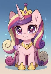 Size: 3328x4864 | Tagged: safe, imported from derpibooru, princess cadance, alicorn, pony, ai content, ai generated, blushing, chibi, crown, cute, cutedance, female, folded wings, generator:pony diffusion v6 xl, generator:purplesmart.ai, generator:stable diffusion, gradient background, heart, heart eyes, high res, horn, jewelry, mare, prompter:lerkyboy, regalia, smiling, solo, sparkles, wingding eyes, wings