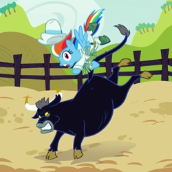 Size: 1080x1080 | Tagged: safe, imported from derpibooru, rainbow dash, bull, pegasus, pony, bucking, bull riding, female, ponies riding bulls, riding, rodeo, solo