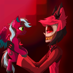 Size: 1600x1600 | Tagged: safe, artist:krais, imported from derpibooru, oc, oc:razzmatazz gleam, demon, hybrid, pegasus, pony, alastor, female, hazbin hotel, holding a pony, male, pegabat, size difference