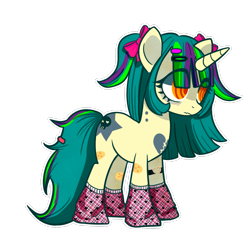 Size: 1000x1000 | Tagged: safe, artist:cottimiau, imported from derpibooru, oc, oc only, oc:zombie crunch, unicorn, bags under eyes, barrette, bow, clothes, female, hair bow, horn, pigtails, socks, solo, swirly eyes