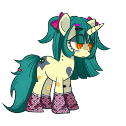 Size: 1000x1000 | Tagged: safe, artist:cottimiau, imported from derpibooru, oc, oc only, oc:zombie crunch, unicorn, bags under eyes, barrette, bow, clothes, female, hair bow, horn, pigtails, socks, solo, swirly eyes