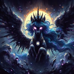 Size: 1024x1024 | Tagged: safe, imported from derpibooru, princess celestia, alicorn, ai content, ai generated, generator:bing image creator, generator:dall-e 3, glowing, glowing eyes, prompter:enterusxrname, silhouette, sitting, solo, spread wings, sun, wings