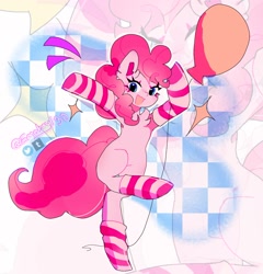 Size: 1932x2013 | Tagged: safe, artist:emoboy130, imported from derpibooru, pinkie pie, earth pony, pony, abstract background, balloon, belly, bipedal, chest fluff, clothes, cute, diapinkes, emanata, female, hooves in air, mare, open mouth, socks, solo, sparkles, standing, standing on one leg, striped socks, watermark