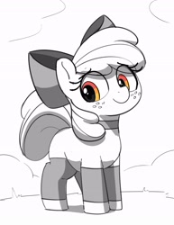 Size: 2257x2921 | Tagged: safe, artist:pabbley, imported from derpibooru, apple bloom, earth pony, pony, adorabloom, blank flank, choker, clothes, cute, eye clipping through hair, female, freckles, grayscale, leg warmers, mare, monochrome, partial color, simple background, smiling, solo, white background