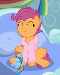 Size: 1080x1350 | Tagged: artist needed, safe, imported from derpibooru, rainbow dash, scootaloo, pegasus, pony, clothes, female, hoodie, older, older scootaloo, plushie, rainbow dash plushie, solo