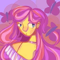 Size: 1280x1280 | Tagged: artist needed, source needed, safe, imported from derpibooru, fluttershy, human, equestria girls, bust, female, lineless, portrait, simple background, solo