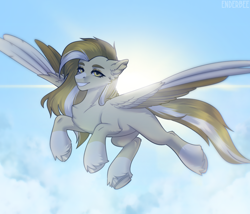 Size: 2800x2400 | Tagged: safe, artist:enderbee, imported from derpibooru, oc, oc:harvest skies, pegasus, pony, female, looking at you, mare, sky, smiling, smiling at you, solo, sun, wings