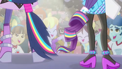 Size: 1920x1080 | Tagged: safe, imported from derpibooru, screencap, brawly beats, cherry crash, cloudy kicks, crimson napalm, curly winds, flash sentry, golden hazel, heath burns, photo finish, rarity, ringo, some blue guy, tennis match, thunderbass, twilight sparkle, velvet sky, wiz kid, human, equestria girls, rainbow rocks, shake your tail, clothes, legs, ponied up, rear view, shoes, violet frost