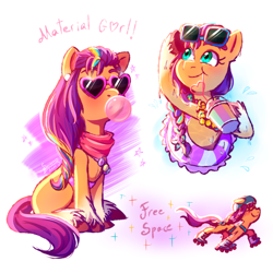 Size: 2500x2500 | Tagged: safe, artist:soniana_draws, imported from derpibooru, sunny starscout, earth pony, pony, bandana, bubblegum, cute, eyes closed, female, floaty, food, g5, gum, helmet, high res, inner tube, majestic as fuck, mane stripe sunny, mare, markings, my little pony: a maretime bay adventure, roller skates, simple background, sitting, smoothie, solo, sunglasses, sunnybetes, unshorn fetlocks, white background
