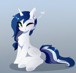 Size: 3089x2968 | Tagged: safe, artist:magnaluna, imported from derpibooru, oc, oc only, oc:muffinkarton, pony, unicorn, blushing, chest fluff, eye clipping through hair, eyebrows, eyebrows visible through hair, female, gradient background, heart, high res, horn, looking at you, mare, one eye closed, sitting, smiling, smiling at you, solo, underhoof, unicorn oc, wink, winking at you