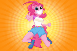 Size: 3300x2200 | Tagged: safe, artist:dersen, imported from derpibooru, pinkie pie, anthro, smile hd, clothes, creepy, creepy smile, creepypasta, human facial structure, imminent death, in air, looking at you, shorts, smiling, smiling at you, xk-class end-of-the-world scenario