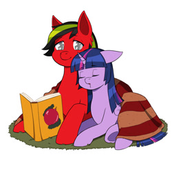 Size: 2000x2000 | Tagged: safe, artist:erein, imported from derpibooru, twilight sparkle, oc, oc:dark, alicorn, changeling, pegasus, pony, book, canon x oc, changeling oc, christmas, colored, commission, cute, duo, duo male and female, ears up, eyes closed, female, flat colors, floppy ears, happy, high res, holiday, horn, male, multicolored hair, reading, red mane, shipping, simple background, sleeping, straight, twilight sparkle (alicorn), white background, wings