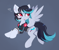 Size: 3333x2864 | Tagged: safe, artist:magnaluna, imported from derpibooru, oc, oc only, pegasus, pony, blue background, blushing, clothes, eye clipping through hair, eyebrows, eyebrows visible through hair, female, headphones, heart, high res, hoodie, mare, pegasus oc, simple background, solo, spread wings, tongue out, wings